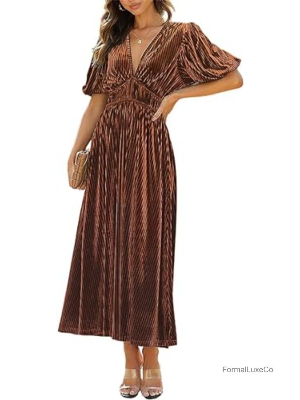 Womens Velvet Midi Dress Puff Sleeve Deep V Neck High Waist A-Line Fall Winter